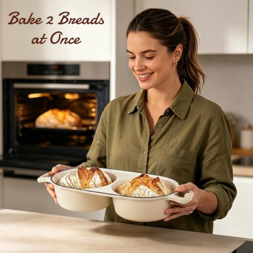 Enamelled Cast Iron Double Round Bread Loaf Pot with Lid - Cream White - 2 Chambers