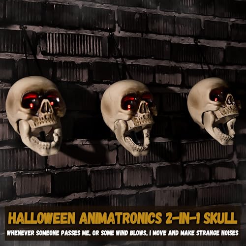 Hanging Skull Animatronics - Scary Floating Skeleton with Sound & Light-Up Eyes - Halloween Decor (3 Pack)