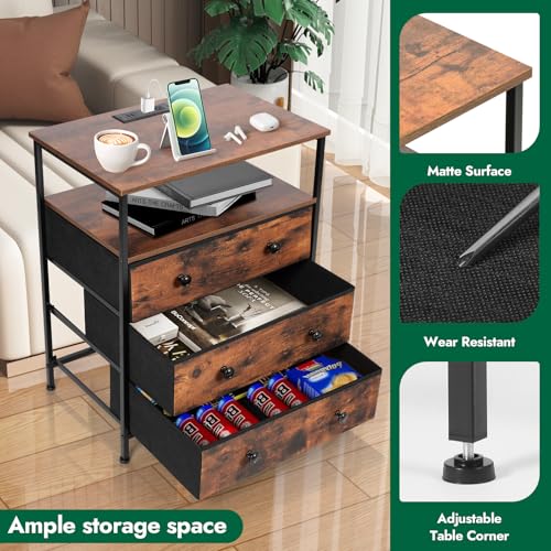 Rustic Brown 3-Drawer LED Nightstand with USB Charging Station & RGB Light