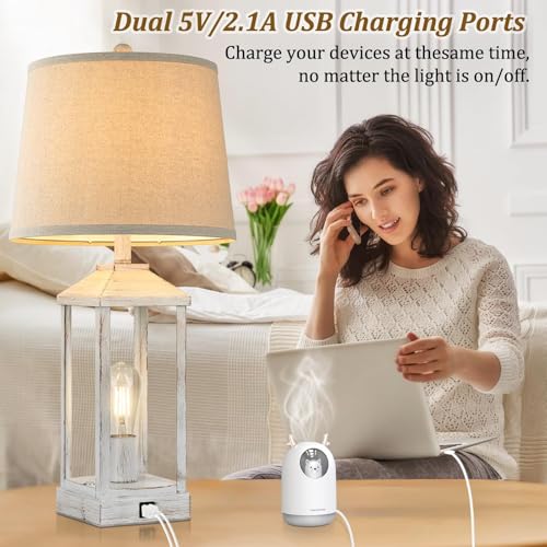 Set of 2 Farmhouse Table Lamps with USB Ports, Dimmable Nightstand Lamps for Bedroom & Living Room