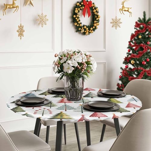 55-60in Round Fitted Christmas Tablecloth with Elastic Edge Waterproof White Tree Pattern