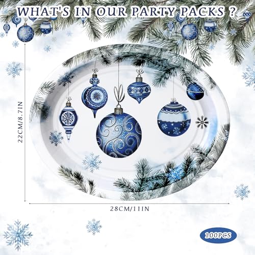 Tioncy 100 Count Xmas Ball Oval Paper Plates - Vintage Blue Holiday Party Disposables (100 / Xmas Ball)