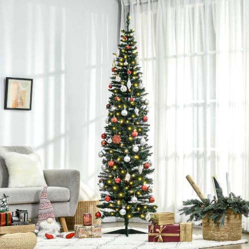 HOMCOM 7ft Pre-Lit Slim Artificial Christmas Tree with Warm White LED Lights