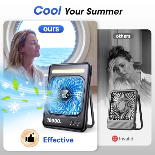 Portable Travel Fan with 10000mAh Power Bank and LED Lantern - Black