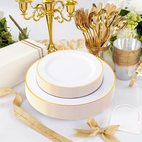 SUT White Gold Disposable Dinnerware Set 350PCS for 50 Guests – Elegant Plates & Utensils