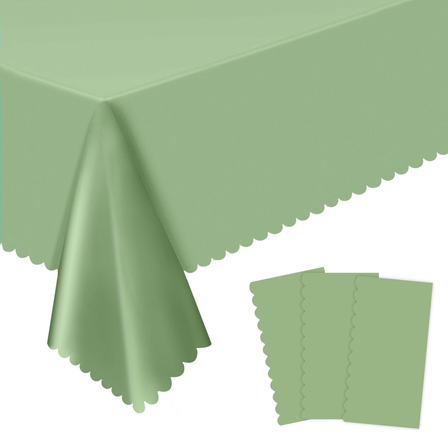 3 Pack Plastic Sage Green Tablecloth, 54 X 108Inch Scalloped Table Cover Disposable Sage Green Tables Cloth for Rectangle Tables Waterproof Table Cover for Baby Shower Bridal Tea Party Wedding
