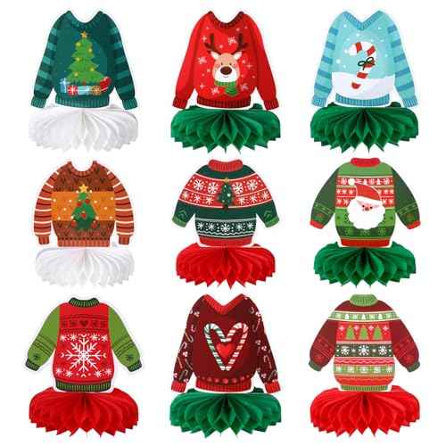 Ugly Sweater Table Decor 9 Pcs 3D Ugly Sweater Party Supplies Xmas Honeycomb Cutouts Centerpieces Decorations Tables Topper for Christmas Party Winter Holiday