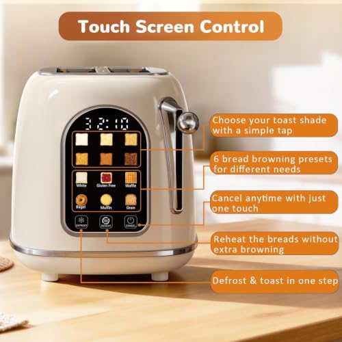Mecity Cream 2-Slice Retro Touch Screen Toaster with Wide Slots & Multiple Settings