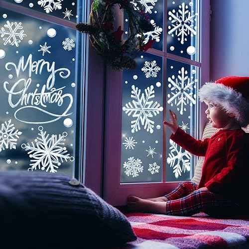 YUJUN 8 Sheets Winter Snowflakes Window Decals,Christmas Blue Oil Painting Snowflakes Stickers for Christmas Glass Home Decor and Xmas Winter Window Decoration