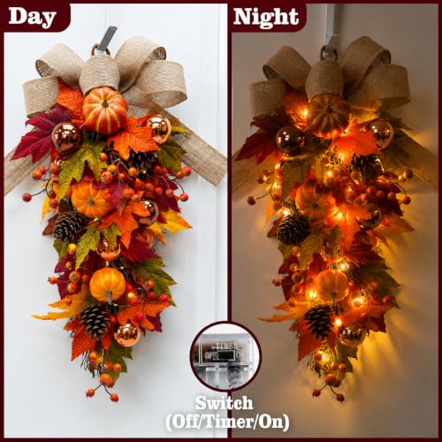24-Inch Pre-Lit Fall Teardrop Swag with 15 Warm LED Lights & Timer, Autumn Door Decor
