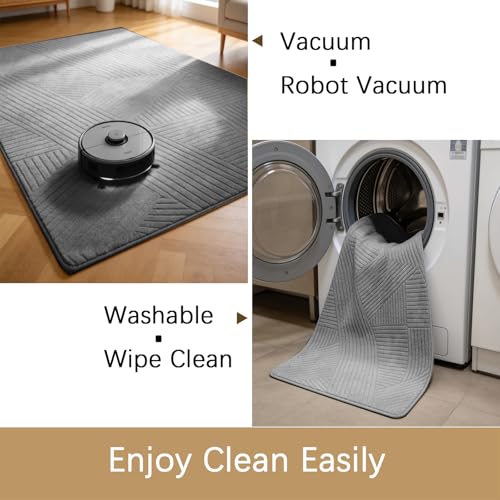 Grey Geometric Washable Area Rug 5x7 - Non-Slip Modern Living Room Floor Cover