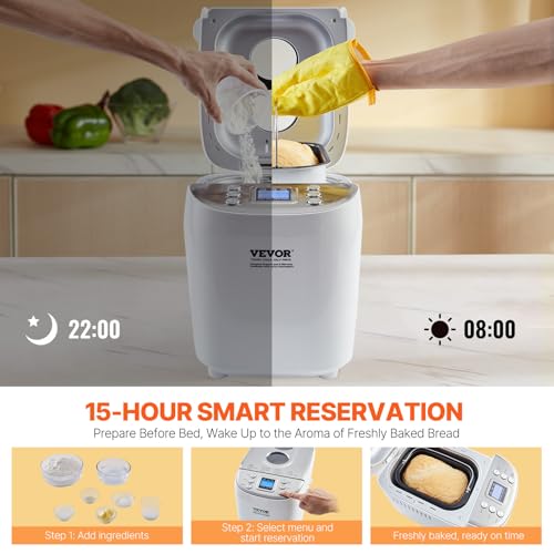 Bread Maker Machine with 15 Menus, Non-Stick Ceramic Pan, 3 Loaf Sizes, Digital & Programmable - White+Silver
