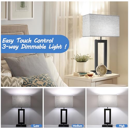 MoMyofdy 22’’ Gray Daylight Touch Control Table Lamp Set of 2 with USB Ports, Dimmable Bedside Lamps for Bedroom & Living Room