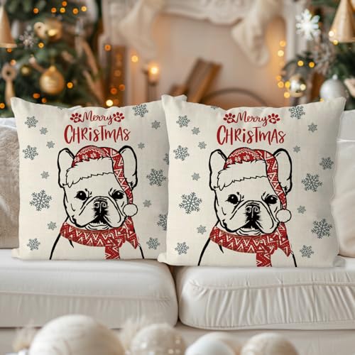 French Bulldog Christmas Pillow Covers 18x18 Inch Set of 2 Holiday Decor