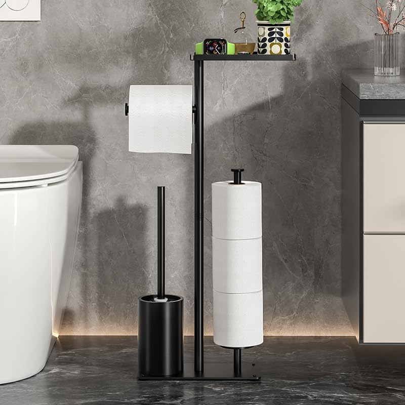 Skiennix Modern Bathroom Toilet Paper Stand - Black Metal Holder with Storage Shelf for 3 Mega Rolls | 24x12x60 Inches