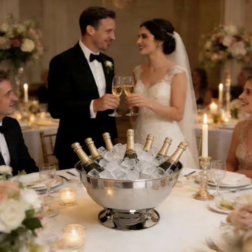 Silver 2-Pack Large Stainless Steel Champagne Buckets - 15.3" Ice Cooler with Detachable Base