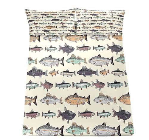LUVIVIHOME 4PCS Fishing Sheets Set, Twin Bed Sheets, Hunting Lodge