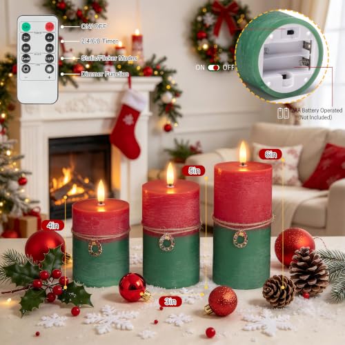 SEHNSY Red & Green Flameless Christmas Candles Set of 3 with Remote