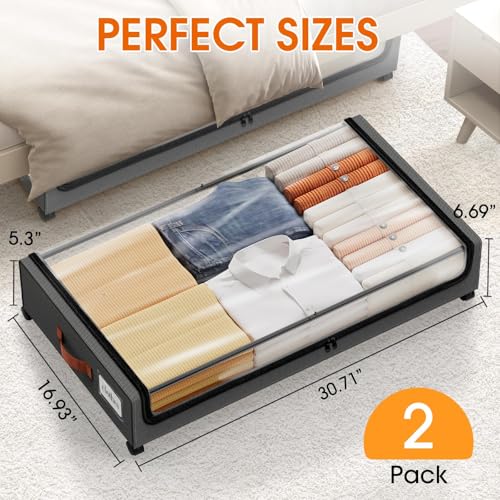 Under Bed Storage Containers with Wheels - 2 Pack Dark Grey with Clear Window