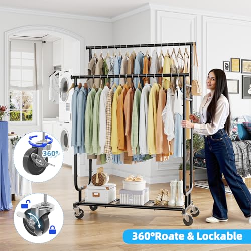 Heavy Duty Rolling Clothes Rack with Shelves - 450 lbs Capacity, Double Rod & Lockable Wheels