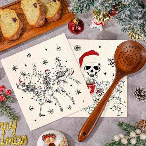 Whaline 4Pcs Christmas Swedish Dishcloth Xmas Dancing Skeleton Cotton Kitchen Towel Absorbent Dish Towel for Winter Holiday Housewarming Farmhouse, 7 x 8 Inch