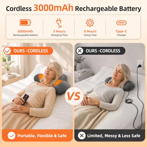 Grey 3-in-1 Cordless Neck Massager Pillow with Heat, Vibration & Remote