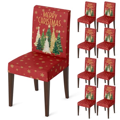 Horaldaily Red Christmas Pine Tree Star Chair Covers 8PCS - Holiday Home Decor