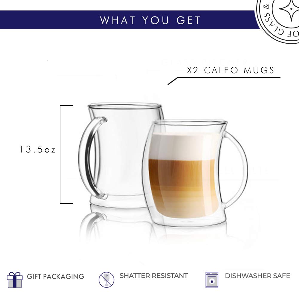 JoyJolt Caleo Collection Double Wall Insulated Glass Coffee Cups (Set Of 2) -13-Ounces