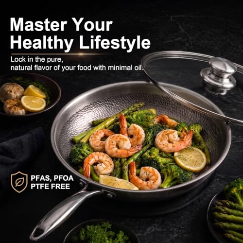 9.8-Inch Titanium Non-Stick Frying Pan with Lid - Hammered Skillet, Single Size