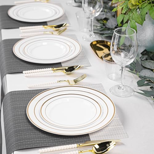 White Disposable Plates with Gold Rim - 200 Pack, Elegant Party Tableware