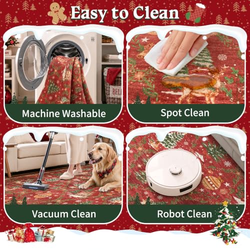 Christmas 8x10 Area Rugs for Living Room, Red Washable Xmas Bedroom