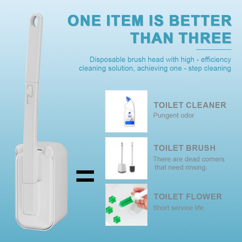Skiennix Disposable Toilet Brush - 48 Refills Included | Wall-Mounted Holder for Deep Cleaning (White)