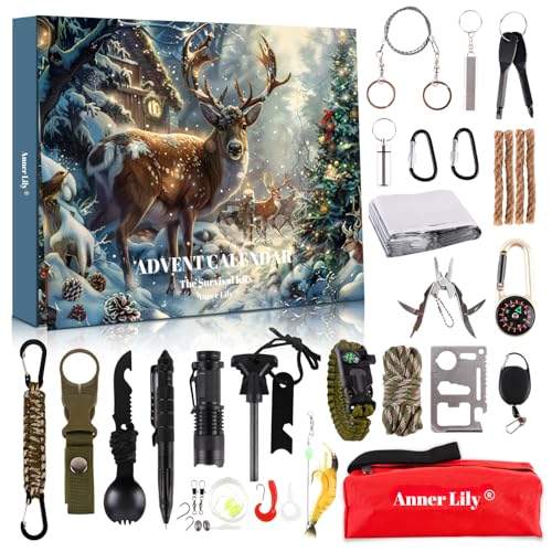 Anner Lily Survival Advent Calendar 2026 with Storage Bag - 24 Days Outdoor Gear Gift for Men & Teens