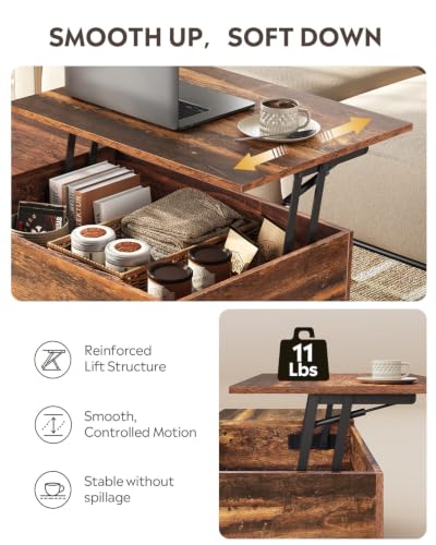 WLIVE Classic Brown Lift Top Coffee Table with Hidden Storage & Adjustable Shelf - 39"