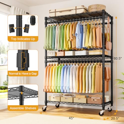 ULIFHOME Rolling Clothes Rack with Double Rod, Adjustable Shelves & Lockable Wheels - Black / P5 Plus