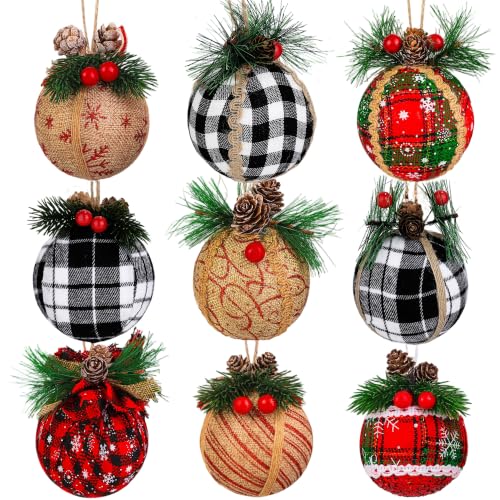 Elcoho 9 Pcs Red & Black Christmas Ball Ornaments with Plaid Designs, Jute Rope Hangers