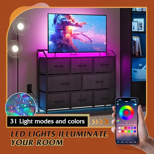 WLIVE Black LED Dresser with 8 Drawers, Outlet & USB Charging Station