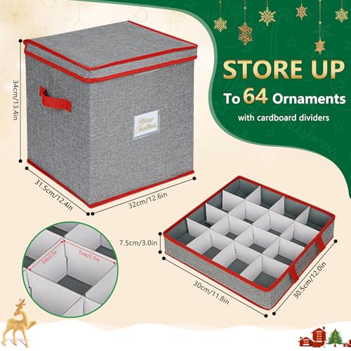 UHAPEER Christmas Ornament Storage Box Grey+Red Holds Up to 64 Balls