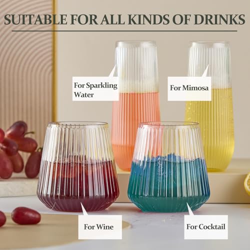 Ribbed Transparent Plastic Wine & Champagne Glasses 56 Pack, 9 & 14 OZ