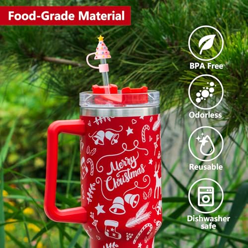 6Pcs Christmas Pink Straw Cover Cap for Stanley Cup 40oz/30oz Tumbler, 10mm Reusable Cute Drinking Straw Topper Accessories, Portable Protector Plugs Decorations Gifts for Party Christmas