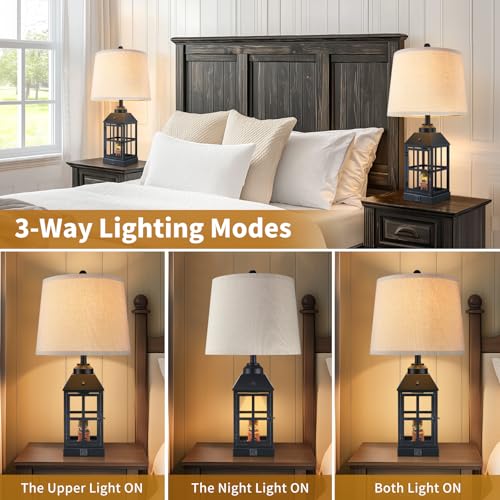 Lovlast 25-Inch Farmhouse Black Table Lamps Set of 2 with USB & Night Light