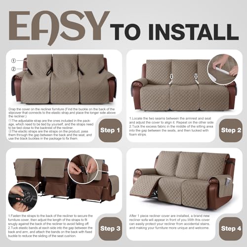 Waterproof Recliner Sofa Cover 3 Seater Taupe - Washable & Non-Slip Fit