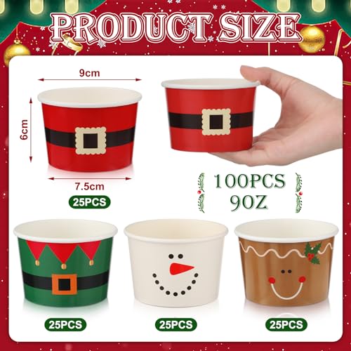 Bokon 100 Pack Christmas Paper Cups 9 oz Disposable Holiday Snack Bowls