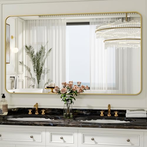 Gold Rectangular Bathroom Mirror - 30x48 Inch Wall-Mounted Vanity Mirror - Rounded Corners