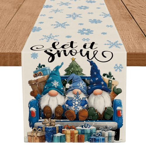 GPGHE Winter Gnome Christmas Table Runner 13'' x 72'' Blue Holiday Decor
