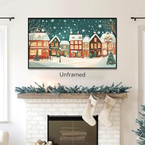 Unframed Christmas Snowy Village Wall Art 16x28in Winter Town Night Landscape