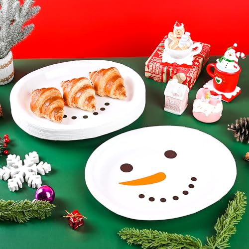 AimFun 50-Pack Snowman Christmas Oval Paper Plates 10x12in