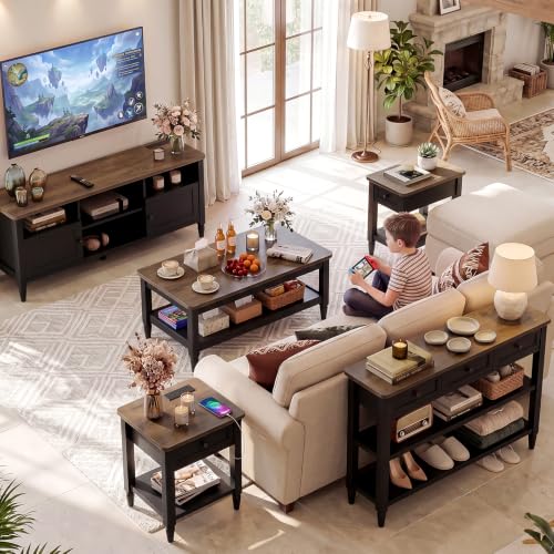 Foxemart Narrow Side Table with Charging Station, Black & Cracked Oak, 14-inch Wide