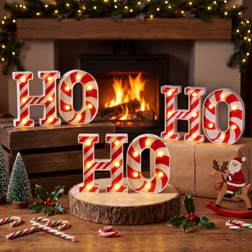 Anglechic HoHoHo Candy Cane Light Up Letters – 6 Piece Table Décor, 6.3 x 4.7 x 2.4 in