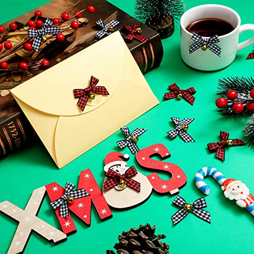 50 Pieces Christmas Bow with Bell Mini Plaid Buffalo Plaid Bow Gingham Xmas Bells for Christmas Tree Crafts Home Decoration DIY Making Ornament(Black and White, Red and Black)